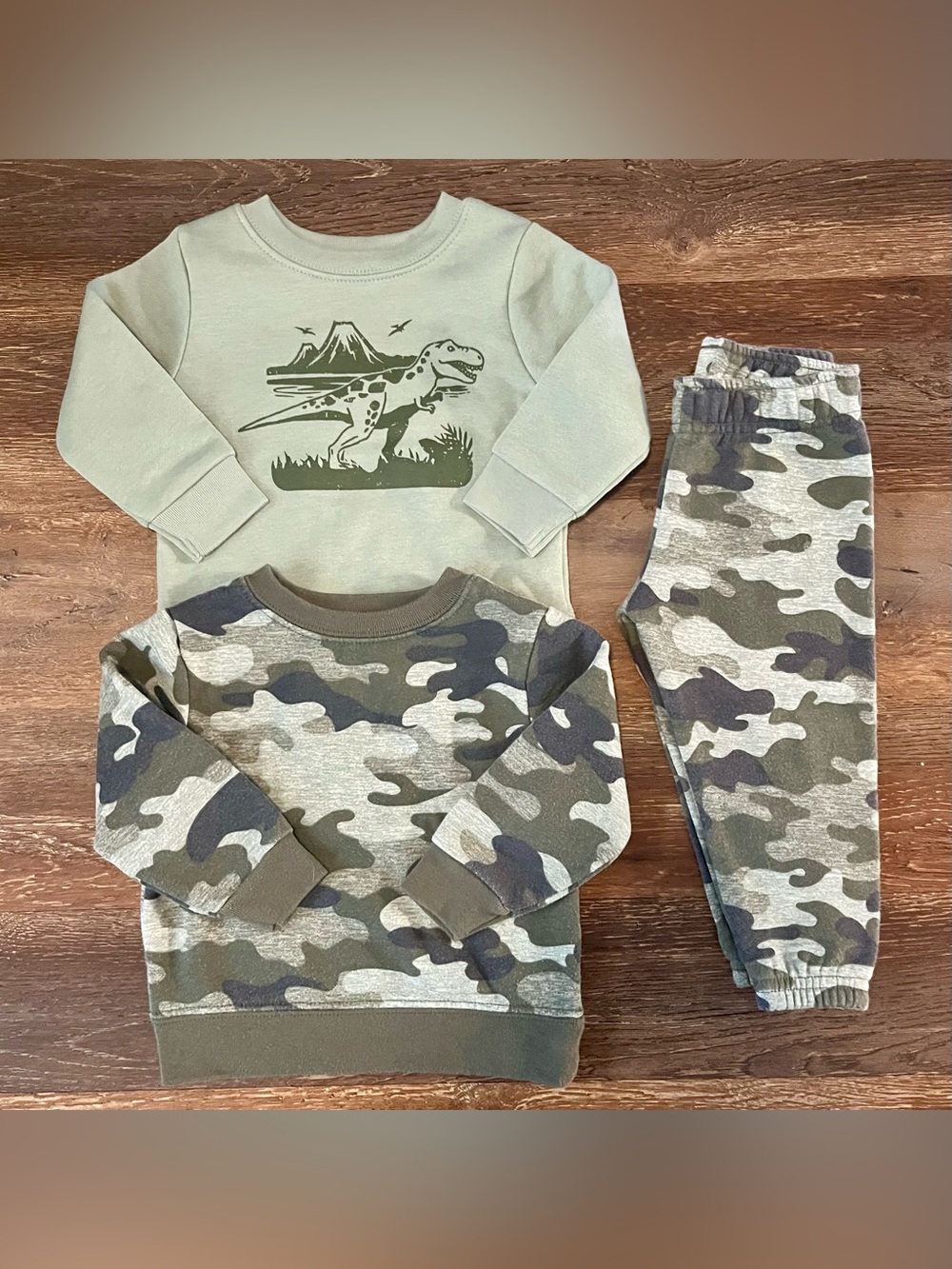 3 Piece Dino Graphic & Camo Print Pullover Sweatshirts & Sweat Pant Size 12M